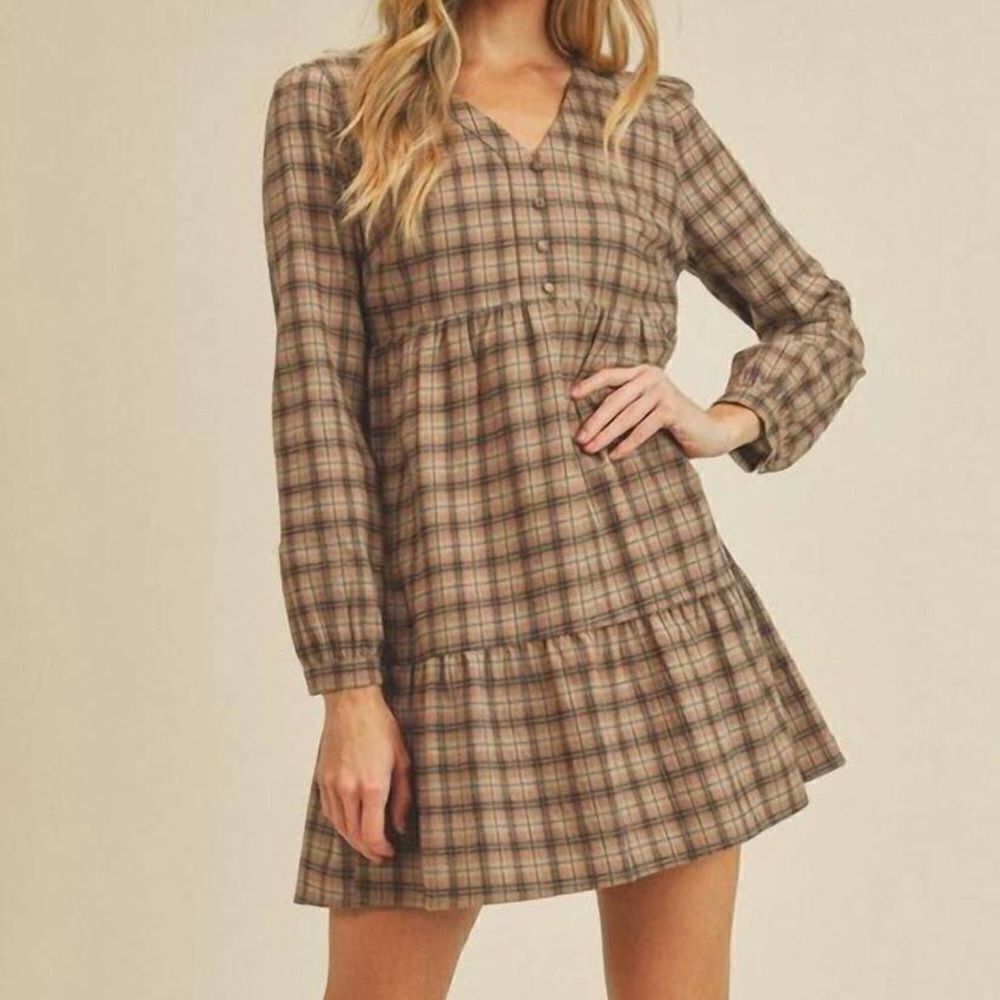 Paper Crane S Chelsea Ford Plaid Brown Multi Long Sleeve Tiered V-Neck Dress